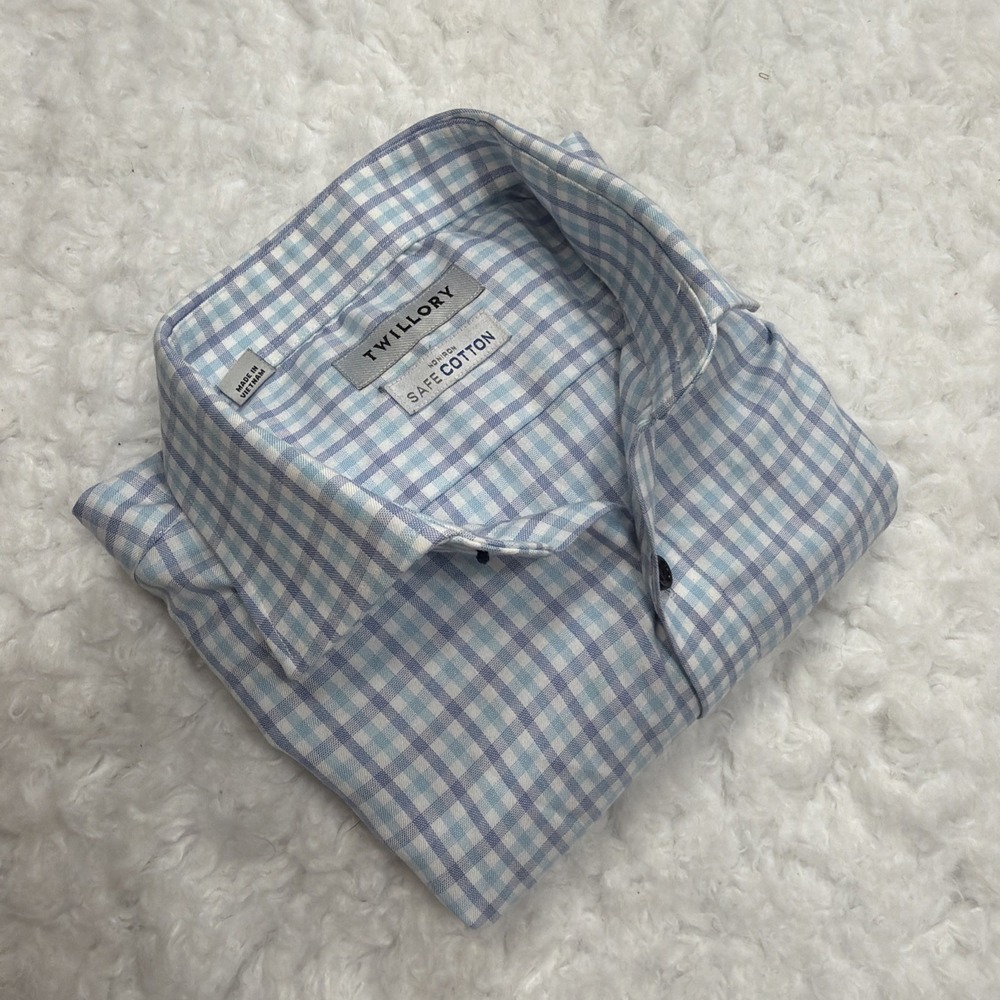 Twillory Dress Shirt Mens 16.5 Tailored Fit Blue Gingham Check Long Sleeve Slim